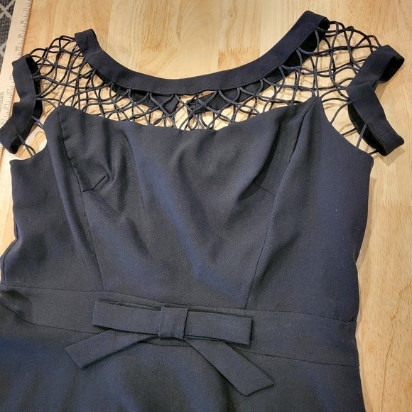 Black Fit & Flare Dress Mesh Shoulder Bow Detail - Picture 3 of 10